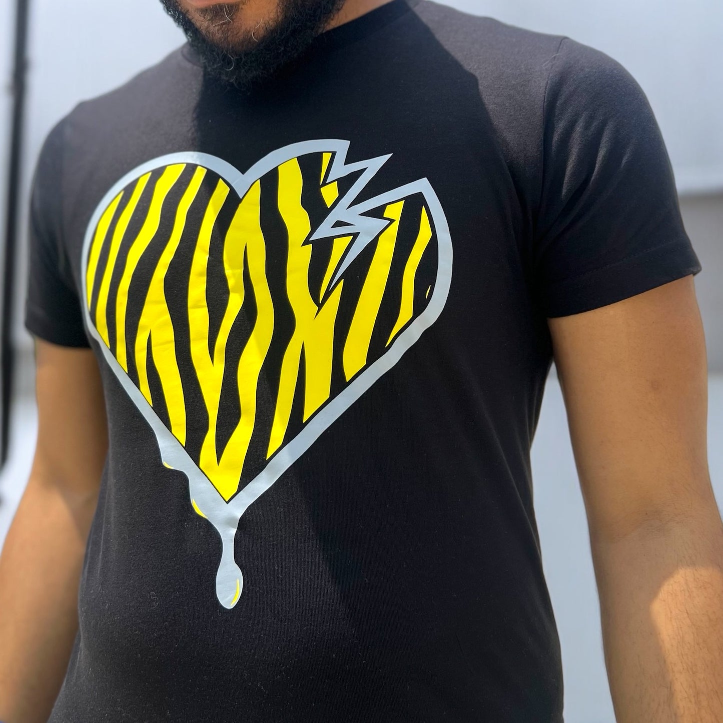 Crooked Hearted Zebra Stripes Unisex T-Shirt (Black Shirt Grey & Yellow)