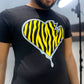 Crooked Hearted Zebra Stripes Unisex T-Shirt (Black Shirt Grey & Yellow)