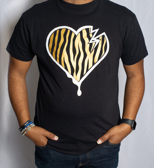 Crooked Hearted Zebra Stripes Unisex T-Shirt (Black/White & Gold)