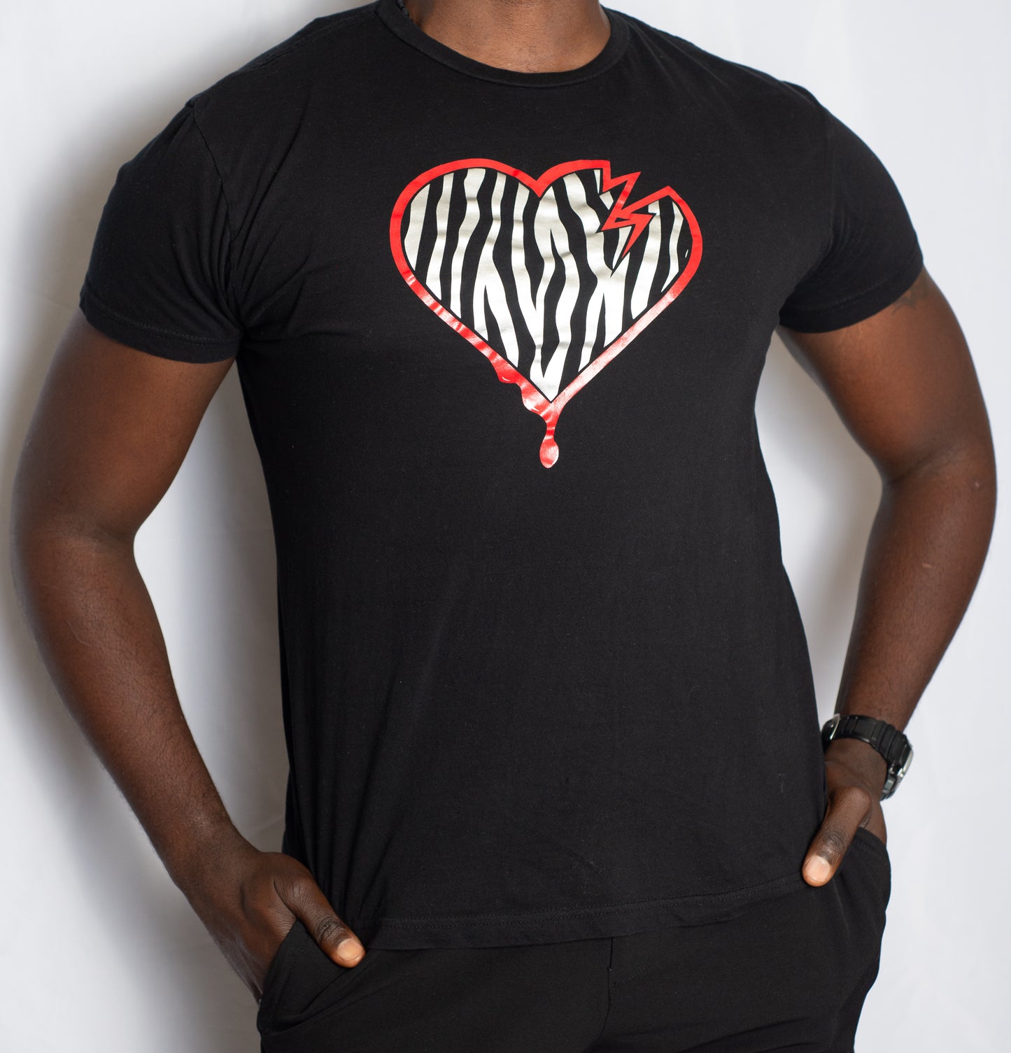 Crooked Hearted Zebra Stripes Unisex T-Shirt (Black/White & Red)