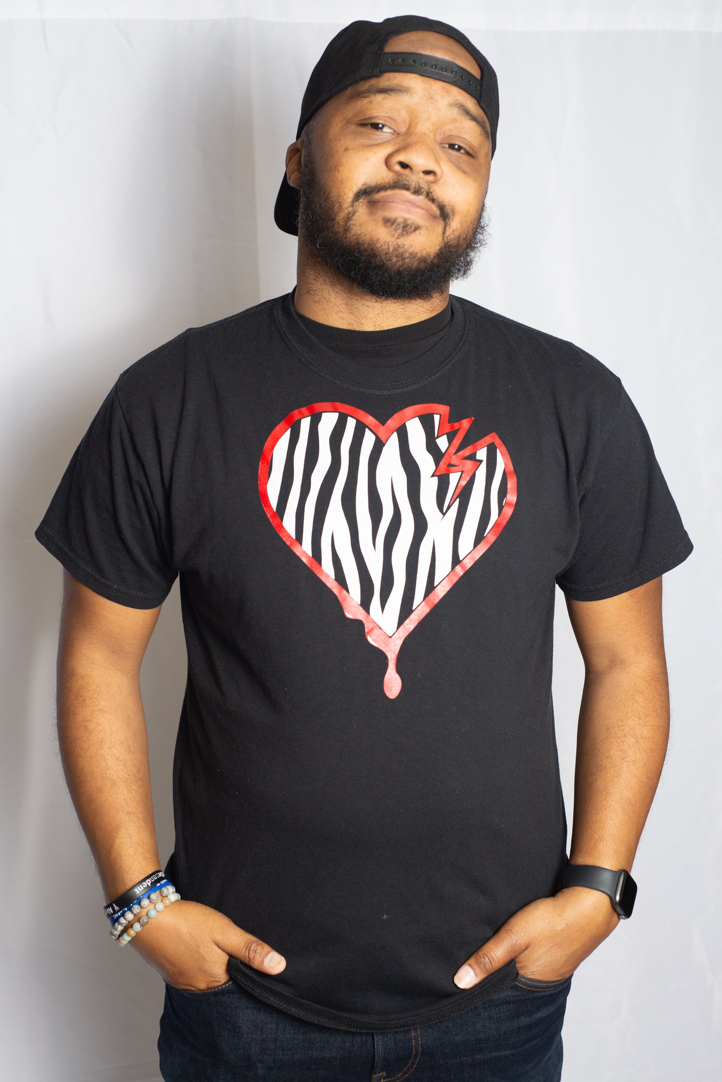 Crooked Hearted Zebra Stripes Unisex T-Shirt (Black/White & Red)