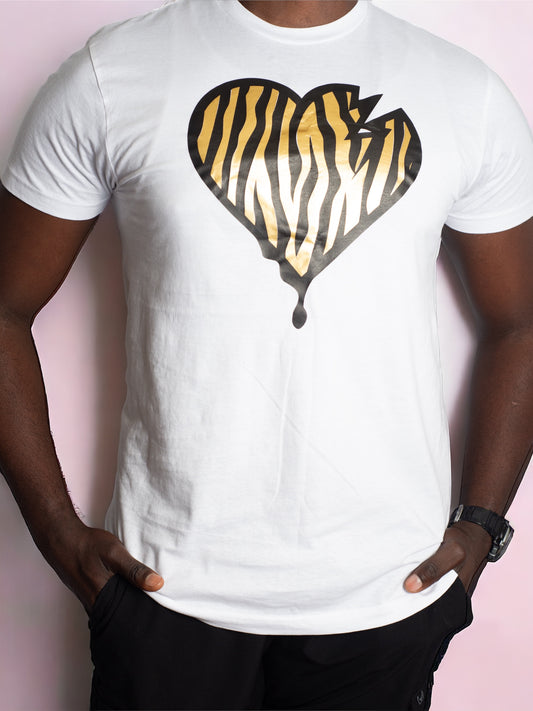 Crooked Hearted Zebra Stripes Unisex T-Shirt (White/Black & Gold) Shirt