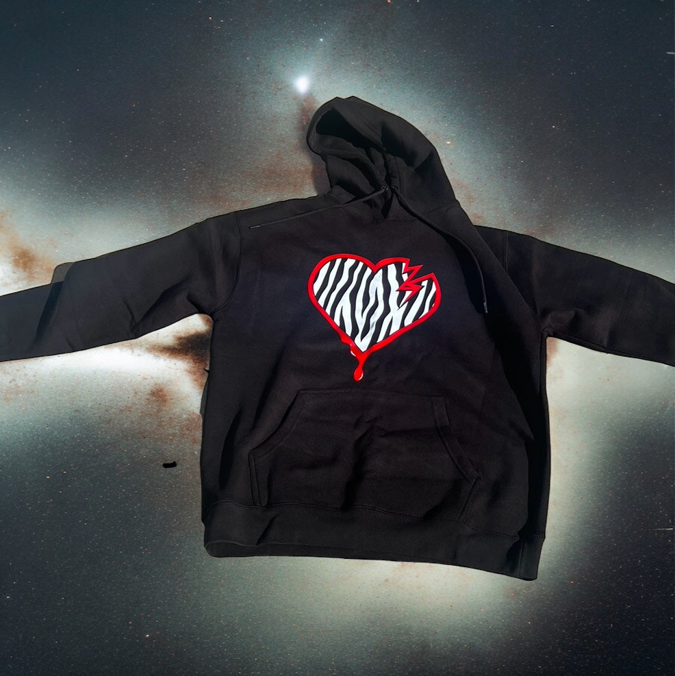 Crooked Hearted Zebra Stripes Unisex Hoodie (Black/Red & White)